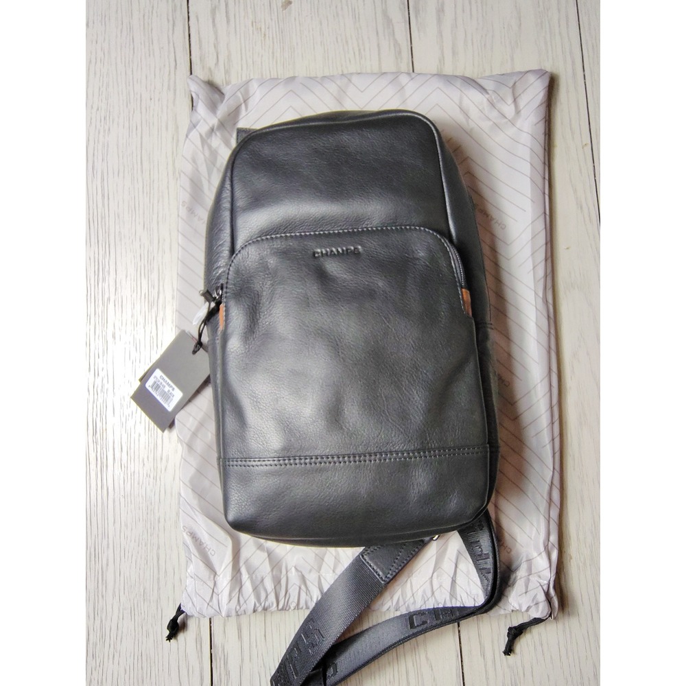 CHAMPS Black Genuine Leather Sling Bag RFID Protected OB-405 NWT‎